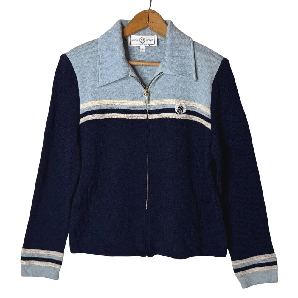 Vtg St John Sport Santana Knit Cardigan Sz S Blue Zip Preppy Nautical Jacket USA